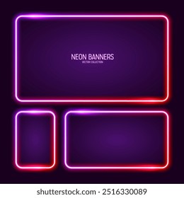 Glowing neon banners, illuminated colorful square frames. Shiny vibrant border, glow effect. Purple vintage retro lights, night illumination. Modern futuristic UI design elements. Vector illustration