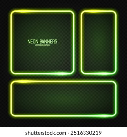 Glowing neon banners, illuminated colorful square frames. Shiny vibrant border, glow effect. Green vintage retro lights, night illumination. Modern futuristic UI design elements. Vector illustration