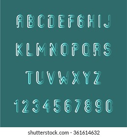 Glowing Neon Bar Alphabet. Pattern brushes included. Fastening elements in symbols palette. Turqouise set of letters and numbers. Blue vector font