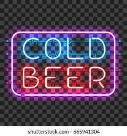 Glowing neon bar sign COLD BEER isolated on transparent background. Shining and glowing neon effect. All elements are separate units with wires, tubes, brackets and holders.