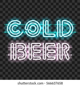 Glowing neon bar sign COLD BEER isolated on transparent background. Shining and glowing neon effect. All elements are separate units with wires, tubes, brackets and holders.