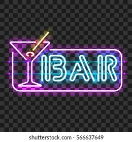 Glowing Neon Bar Sign With Martini Glass Isolated On Transparent Background. Shining And Glowing Neon Effect. All Elements Are Separate Units With Wires, Tubes, Brackets And Holders.