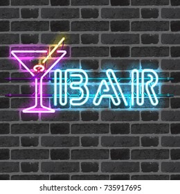 Glowing neon bar sign with martini glass, olive and stick on brick wall background. Shining and glowing neon effect. All elements are separate units with wires, tubes, brackets and holders.