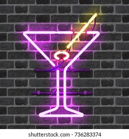 Glowing neon bar sign with martini glass, olive and stick on brick wall background. Shining and glowing neon effect. All elements are separate units with wires, tubes, brackets and holders.