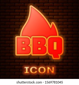 Glowing neon Barbecue fire flame icon isolated on brick wall background. Heat symbol. BBQ grill party.  Vector Illustration