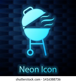 Glowing neon Barbecue grill icon isolated on brick wall background. BBQ grill party. Vector Illustration