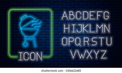 Glowing neon Barbecue grill icon isolated on brick wall background. BBQ grill party. Neon light alphabet. Vector Illustration