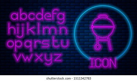 Glowing neon Barbecue grill icon isolated on brick wall background. BBQ grill party. Neon light alphabet. Vector Illustration