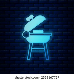 Glowing neon Barbecue grill icon isolated on brick wall background. BBQ grill party.  Vector