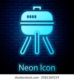 Glowing neon Barbecue grill icon isolated on brick wall background. BBQ grill party.  Vector