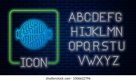 Glowing neon Barbecue grill with sausage icon isolated on brick wall background. BBQ grill party. Neon light alphabet. Vector Illustration