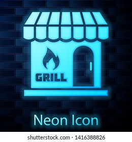 Glowing neon Barbecue shopping building or market store icon isolated on brick wall background. BBQ grill party. Shop construction. Vector Illustration