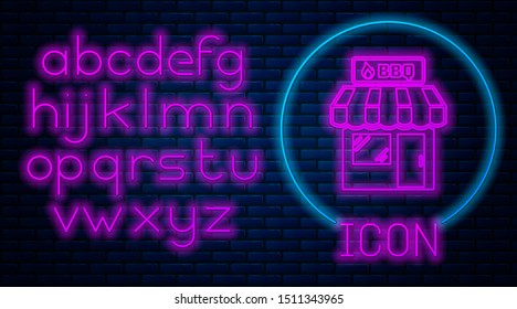 Glowing neon Barbecue shopping building or market store icon isolated on brick wall background. BBQ grill party. Shop construction. Neon light alphabet. Vector Illustration