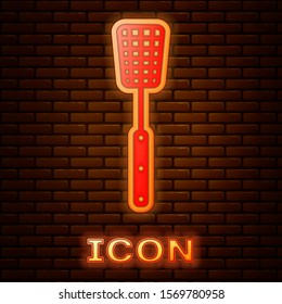 Glowing neon Barbecue spatula icon isolated on brick wall background. Kitchen spatula icon. BBQ spatula sign. Barbecue and grill tool.  Vector Illustration