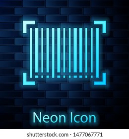 Glowing neon Barcode icon isolated on brick wall background.  Vector Illustration