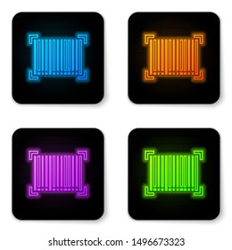 Glowing neon Barcode icon isolated on white background. Black square button. Vector Illustration