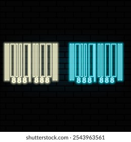 Ícone de código de barras neon brilhante isolado no plano de fundo da parede de tijolo. Ilustração de vetor.