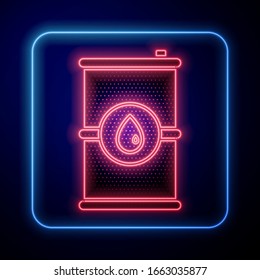 Glowing neon Barrel oil icon isolated on blue background.  Vector Illustration