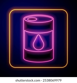 Glowing neon Barrel oil icon isolated on black background.  Vector