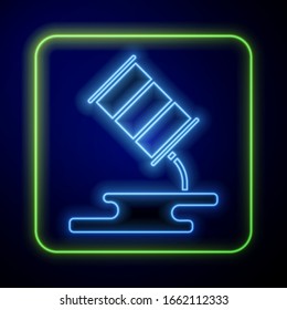 Glowing neon Barrel oil leak icon isolated on blue background.  Vector Illustration
