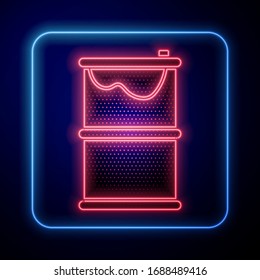 Glowing neon Barrel oil leak icon isolated on blue background.  Vector Illustration