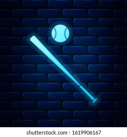 Glowing neon Baseball ball and bat icon isolated on brick wall background.  Vector Illustration