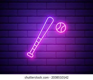 Glowing neon Baseball ball and bat icon isolated on brick wall background. Vector Illustration.