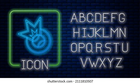 Glowing neon Baseball ball icon isolated on brick wall background. Neon light alphabet. Vector