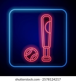 Glowing neon Baseball bat with ball icon isolated on black background.  Vector