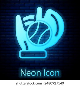 Glowing neon Baseball glove with ball icon isolated on brick wall background.  Vector