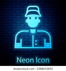 Glowing neon Baseball player icon isolated on brick wall background.  Vector