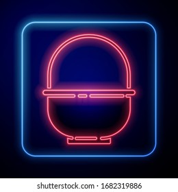 Glowing neon Basket icon isolated on blue background. Happy Easter.  Vector Illustration