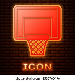 Glowing neon Basketball backboard icon isolated on brick wall background.  Vector Illustration