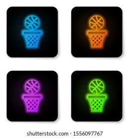 Glowing neon Basketball ball and basket icon isolated on white background. Ball in basketball hoop. Black square button. Vector Illustration