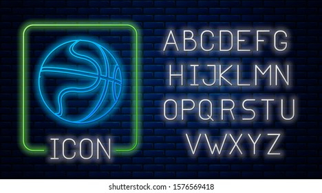 Glowing neon Basketball ball icon isolated on brick wall background. Sport symbol. Neon light alphabet. Vector Illustration