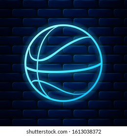 Glowing neon Basketball ball icon isolated on brick wall background. Sport symbol.  Vector Illustration