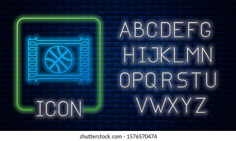 Glowing neon Basketball game video icon isolated on brick wall background. Neon light alphabet. Vector Illustration