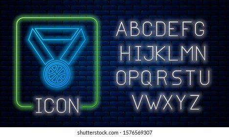 Glowing neon Basketball medal with ribbon icon isolated on brick wall background. Neon light alphabet. Vector Illustration