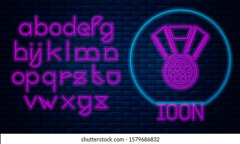 Glowing neon Basketball medal with ribbon icon isolated on brick wall background. Neon light alphabet. Vector Illustration