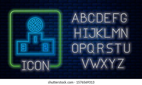 Glowing neon Basketball over sports winner podium icon isolated on brick wall background. Neon light alphabet. Vector Illustration