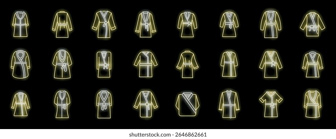 Glowing neon bathrobe icons showcasing various styles and designs, symbolizing relaxation, spa treatments, and hotel amenities