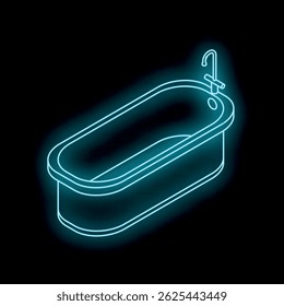 Glowing neon bathtub with faucet on black background, isometric projection