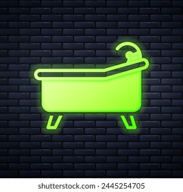 Glowing neon Bathtub icon isolated on brick wall background.  Vector