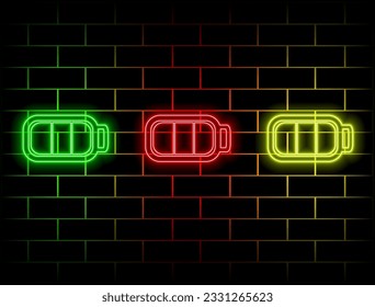 Glowing neon Battery charge level indicator icon. Battery charging power sign. Battery fully charged. many colors.