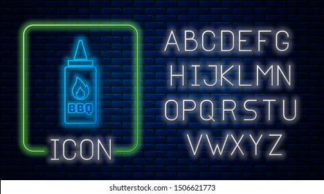 Glowing neon BBQ bottle icon isolated on brick wall background. Fire flame icon. Barbecue and BBQ grill symbol. Neon light alphabet. Vector Illustration