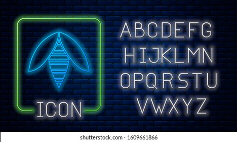 Glowing neon Bee icon isolated on brick wall background. Sweet natural food. Honeybee or apis with wings symbol. Flying insect. Neon light alphabet. Vector Illustration