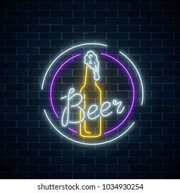 Glowing neon beer bar signboard in round frames on dark brick wall background. Luminous advertising sign of night club with beer bottle. Vector illustration.