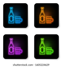 Glowing neon Beer bottle and glass icon isolated on white background. Alcohol Drink symbol. Black square button. Vector Illustration
