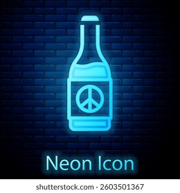Glowing neon Beer bottle icon isolated on brick wall background.  Vector
