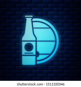 Glowing neon Beer bottle and wooden barrel icon isolated on brick wall background.  Vector Illustration